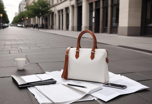 White and Brown Bag with Papers on Sidewalk Urban Street Scene Mockup for Casual Outdoors