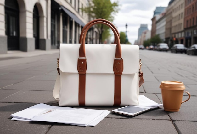 White and Brown Bag with Papers on Sidewalk Urban Street Scene Mockup for Casual Outdoors