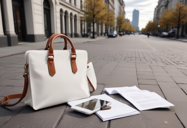 Photo white and brown bag with papers on sidewalk urban street scene mockup for casual outdoors