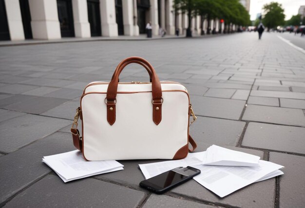 White and Brown Bag with Papers on Sidewalk Urban Street Scene Mockup for Casual Outdoors