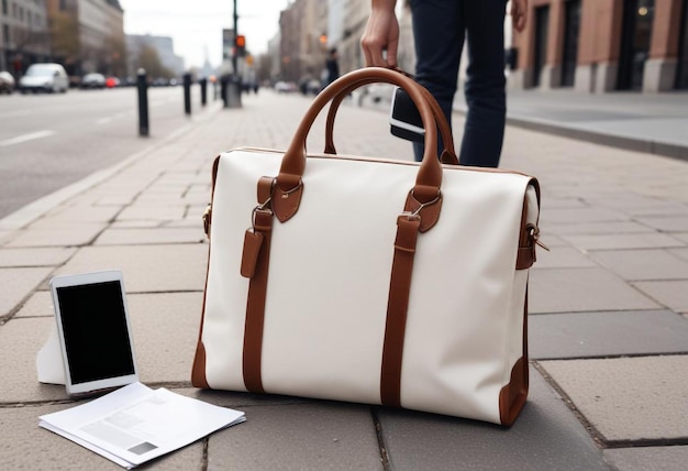 White and Brown Bag with Papers on Sidewalk Urban Street Scene Mockup for Casual Outdoors