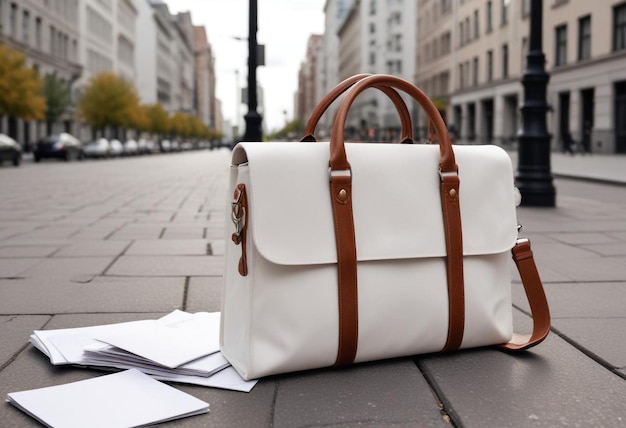 White and Brown Bag with Papers on Sidewalk Urban Street Scene Mockup for Casual Outdoors