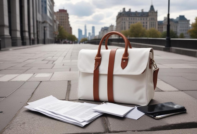 Photo white and brown bag with papers on sidewalk urban street scene mockup for casual outdoors