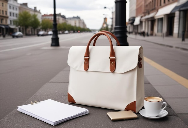 White and Brown Bag with Papers on Sidewalk Urban Street Scene Mockup for Casual Outdoors