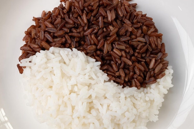 White and brown cooked rice arranged in circles on a white plate.