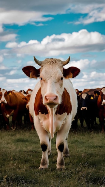 White and brown cow looking straight at the camera with a herd of cows on the pasture in