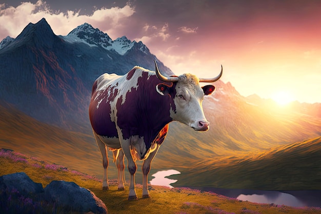 White brown cows in summer with large horns on slope of green hill