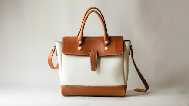 White and Brown Leather Tote Bag with Shoulder Strap