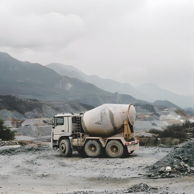 Photo a white and brown truck with a large wheel on the back of it