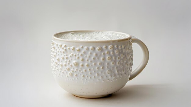 White bubbles on milk in white mug on table surface minimalistic scene of freshness