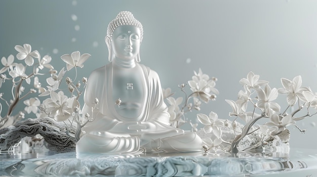 White Buddha Statue in a Flower Garden