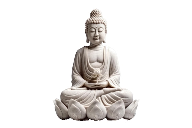 A white buddha statue with lotus flowers on the front.