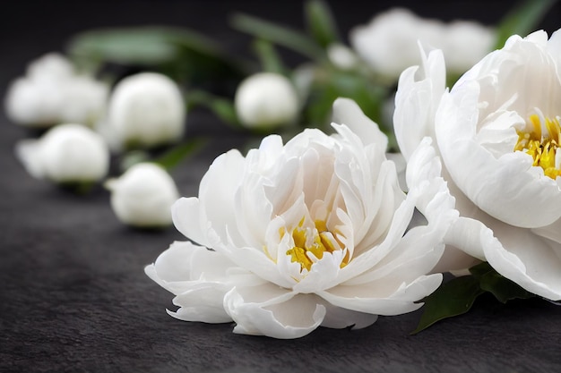 White buds of peon flower with yellow core lying on dark table on blurred background