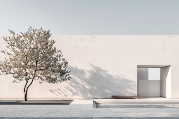 A white building stands tall with a tree in front of it A minimalist school building with clean lines and neutral color palette