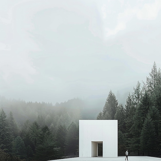 Photo a white building with a person standing in front of a forest