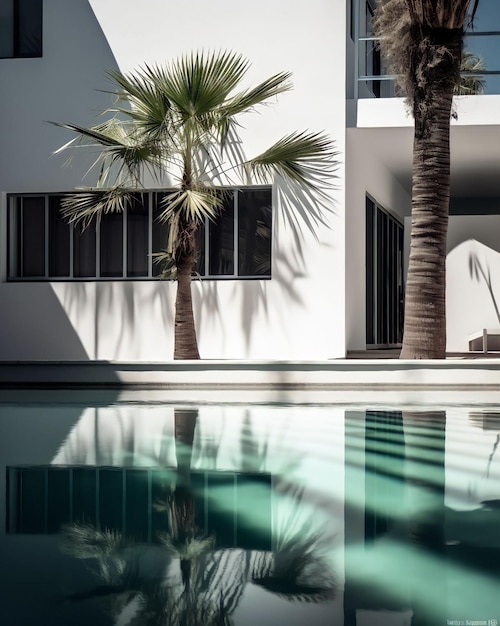 A white building with a pool and palm trees next to it