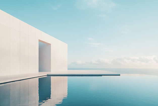 Photo a white building with a reflection of the sky and the ocean in the background