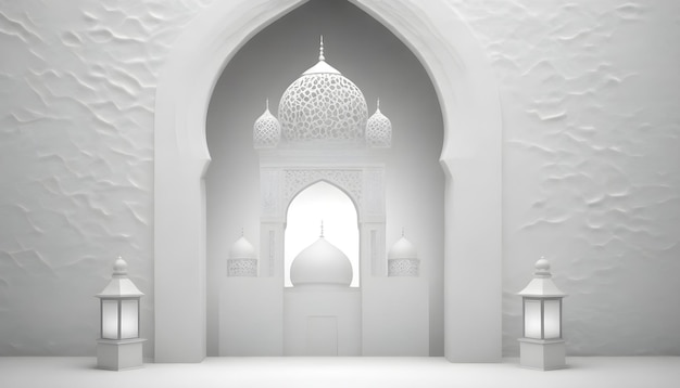 a white building with a white door and a white background with a mosque in the center