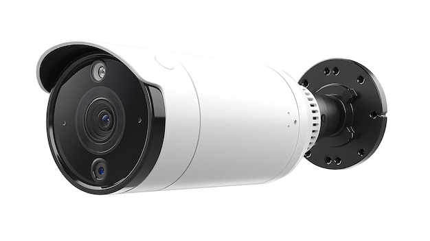 A white bullet camera with a black base and a white top