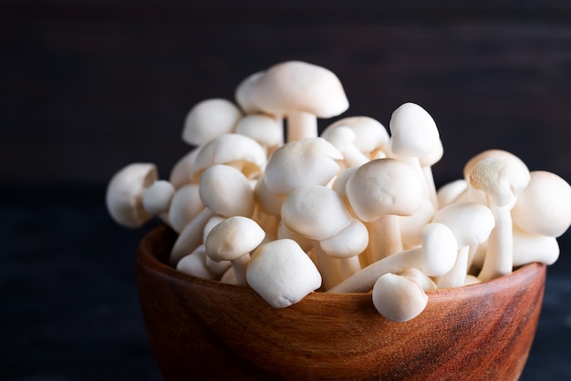 White buna-shimeji in wooden rustic bowl