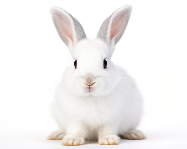 White Bunny Cute Isolated Pet Rabbit with Fluffy White Fur on White Background