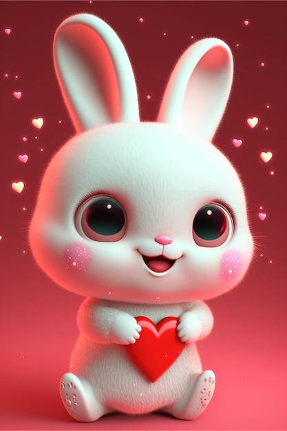 White bunny holding a red heart on a pink background generative ai