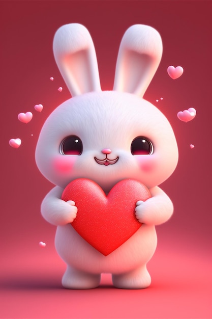 White bunny holding a red heart on a pink background generative ai