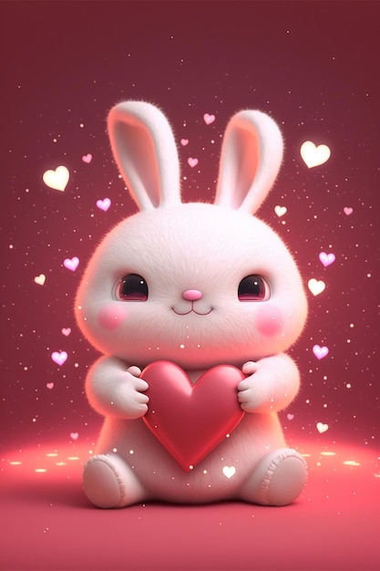 White bunny holding a red heart on a pink background generative ai