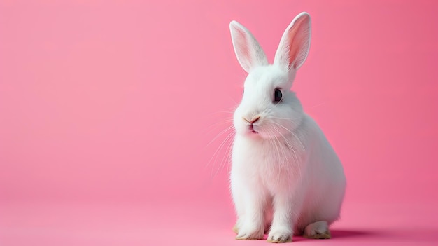 White bunny on a pastel pink background