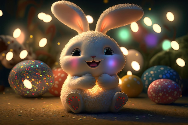 White bunny sitting in a pile of easter eggs and colorful bokeh lights in the background