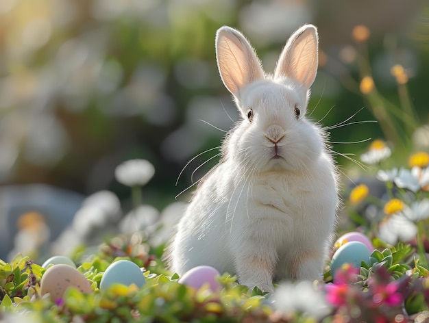 White bunny on spring landscape with pastel eggs at its feet