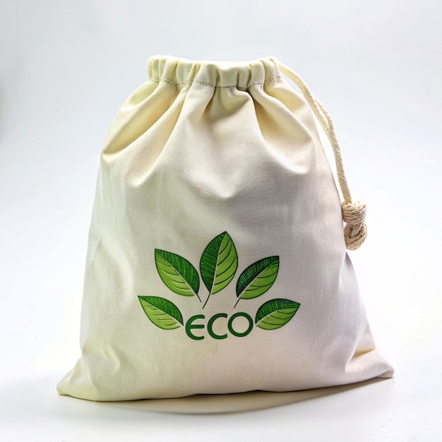 White burlap bag painted with a leaf pattern Environmentally friendl