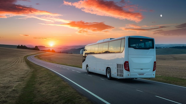 Photo a white bus is driving down the road with the sun setting behind it