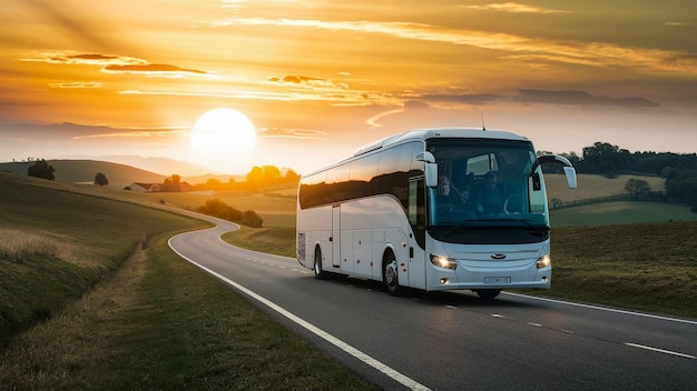 a white bus with the headlights on driving down a road