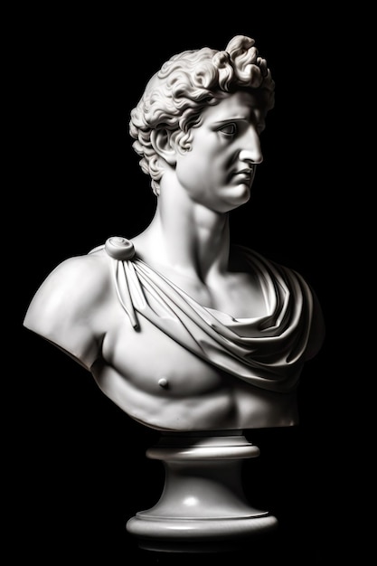 A white bust of a roman man with the chest visible.