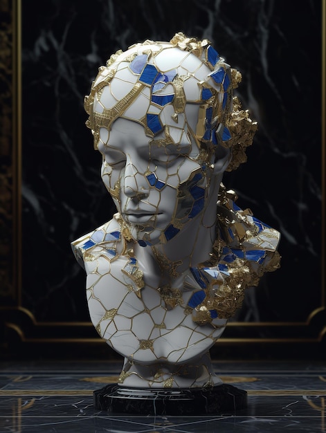 A white bust of a woman with blue and gold pieces on it.