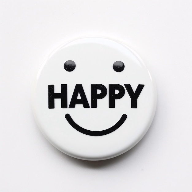 A white button with a smiling face and the word happy written in black