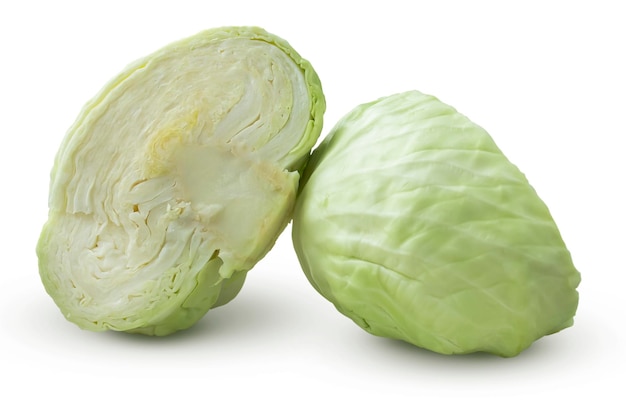 White cabbage cut in half on a white background