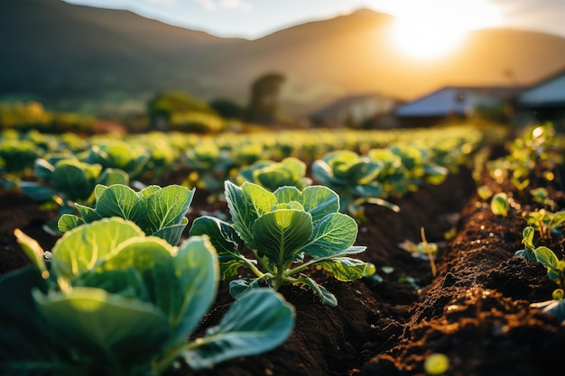 white cabbage growing in a field in a garden bed