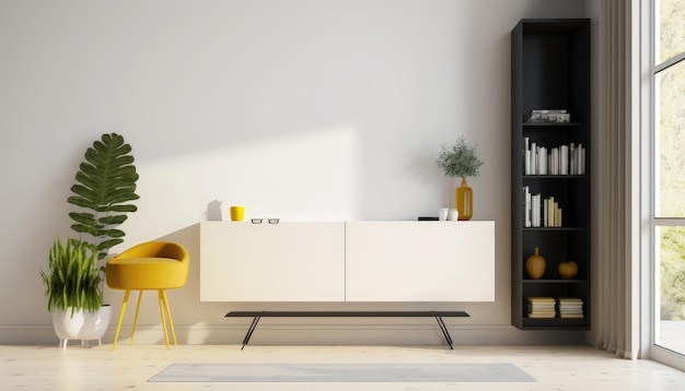 A white cabinet in a living room with a yellow chair and a black shelf with a plant on it.