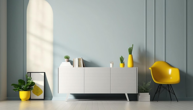 A white cabinet with a plant on it and a vase with yellow flowers on it.