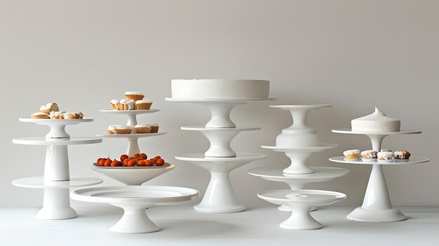 Photo white cake stands with decorations party supplies for a wedding birthday or special event