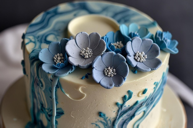 Photo a white cake with blue and white marble frosting decorated with blue fondant flowers