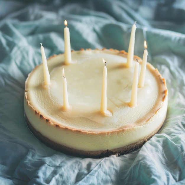 A white cake with candles on it with six candles on the cake