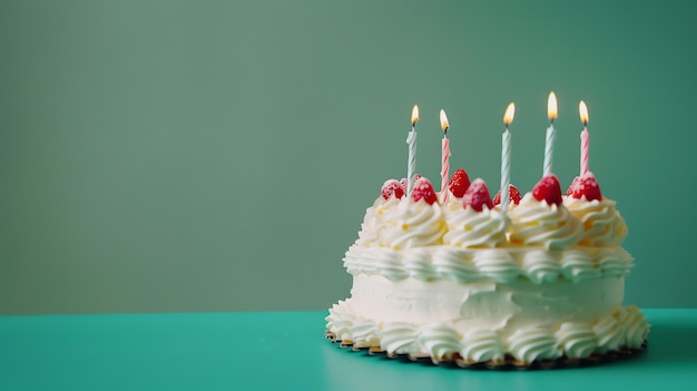 A white cake with lit candles and raspberries on top sitting on a teal table