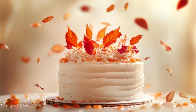 White Cake with Orange and Red Leaves Festive Scene with Warm Lighting