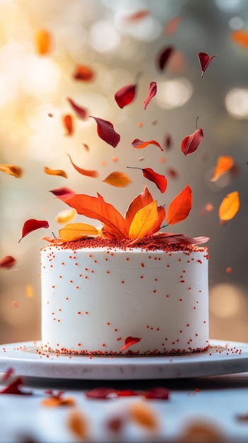 Photo white cake with orange and red leaves festive scene with warm lighting