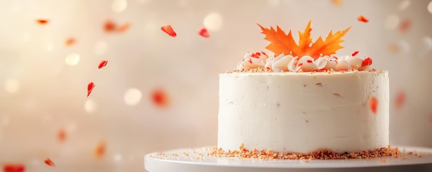 White Cake with Orange and Red Leaves Festive Scene with Warm Lighting