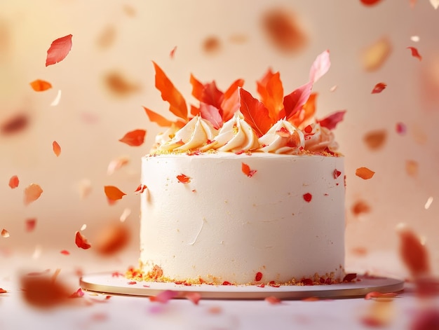 White Cake with Orange and Red Leaves Festive Scene with Warm Lighting