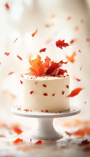 White Cake with Orange and Red Leaves Festive Scene with Warm Lighting